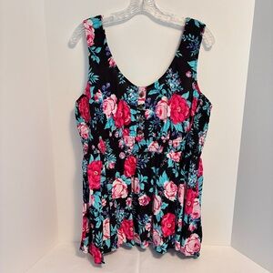 Torrid Women's Sleeveless Smocked Waist Peplum Top Black Floral 1X New With Tag